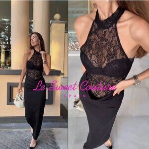 ZARA ZW FW25 COMBINATION HALTER DRESS BLACK LACE 5063/851 MEDIUM M VIRAL